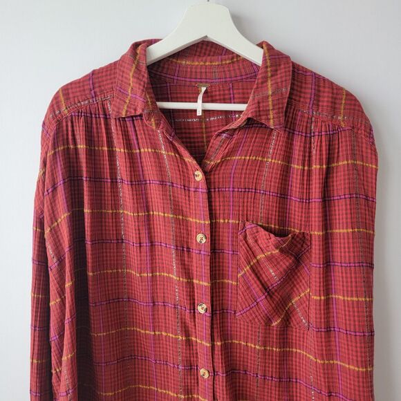Free People Break My Stride Metallic Plaid Button-up Tunic Sherry Combo size M - Picture 3 of 8